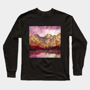 Golden Textured Mountain Lake Reflecting Pink Skies Long Sleeve T-Shirt